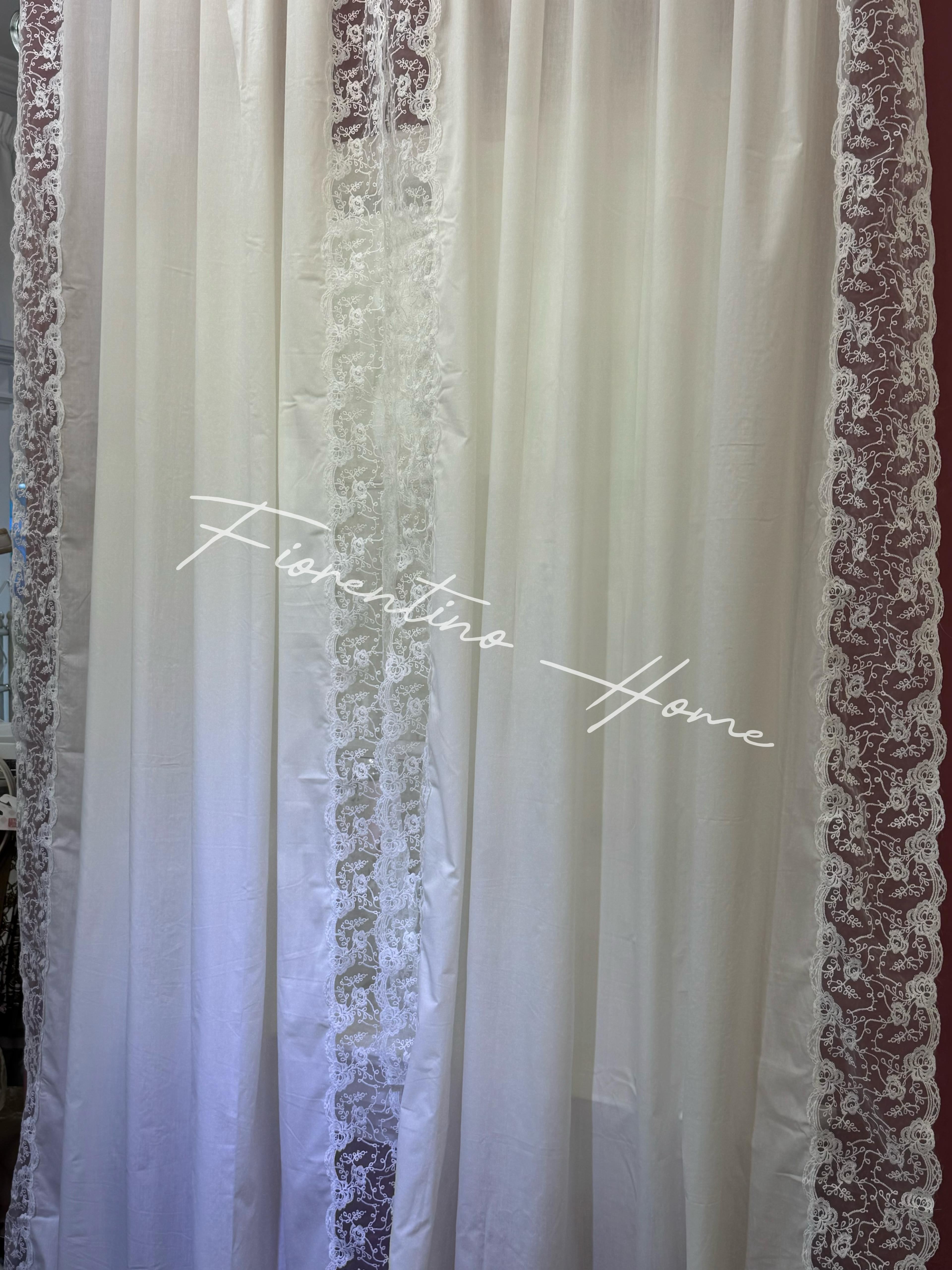 Tenda in cotone bianco c/pizzo laterale con laccetti mod. Cloe - 140x290 cm - L'Atelier17 - Foto 3